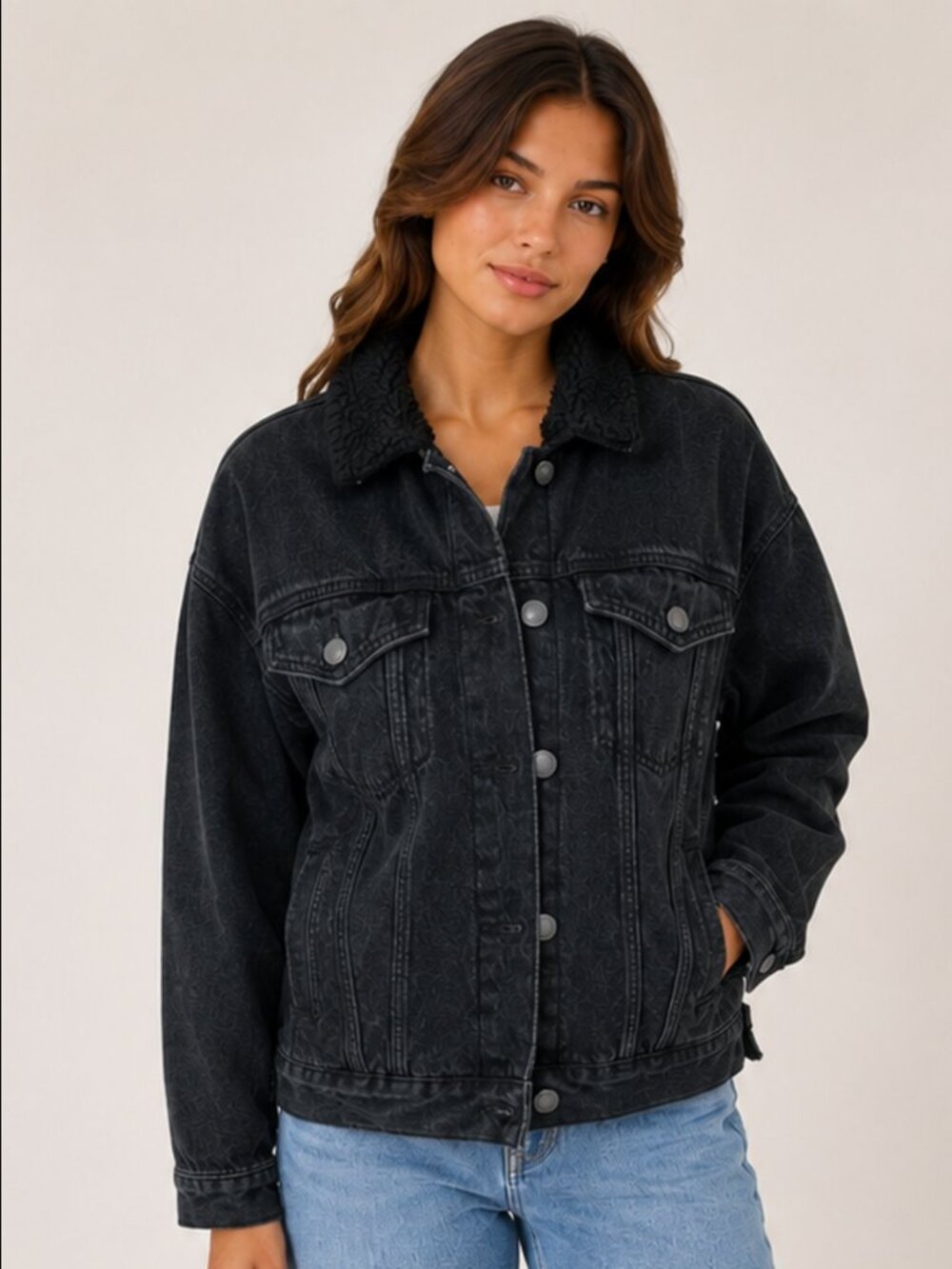 Brandy Melville Black Sherpa-Lined Denim Jacket
